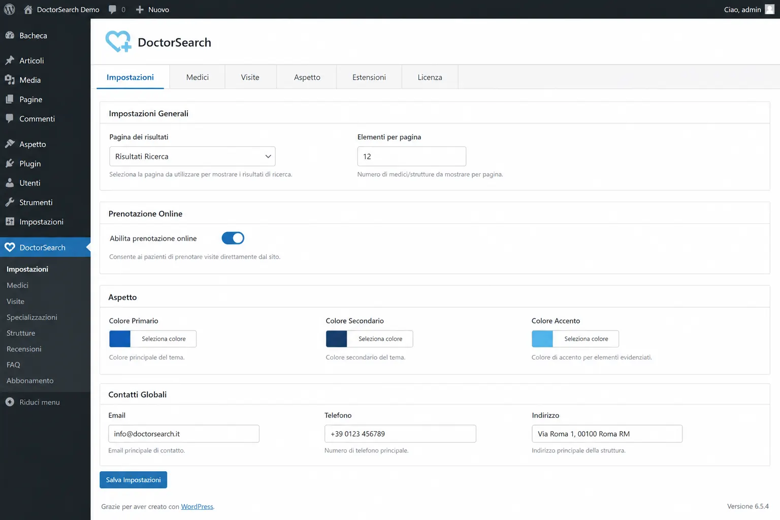 Tab impostazioni DoctorSearch